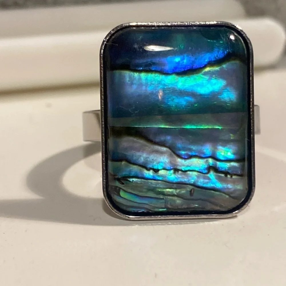 NEW Oversized Abalone Statement Ring Silver Boho Iridescent Shell Jewelry GIFT